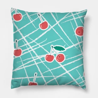 Blue red white seamless patterns of cherries. Vector summer illustration Pillow