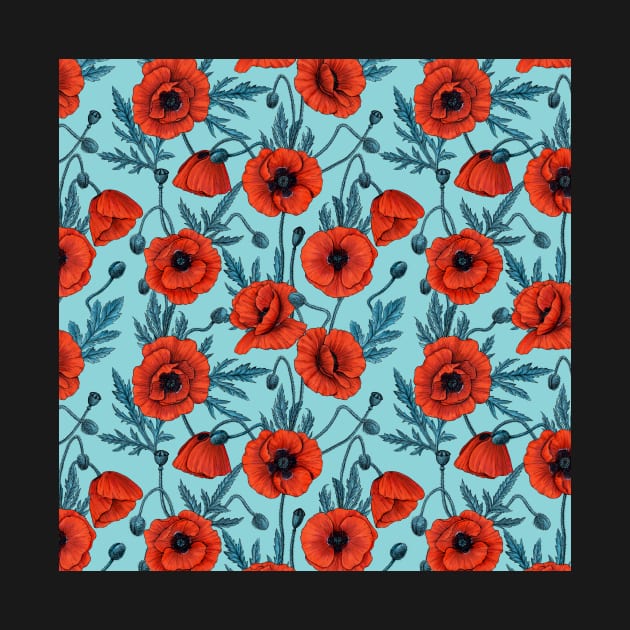 Poppies, red and blue on pool blue by katerinamk