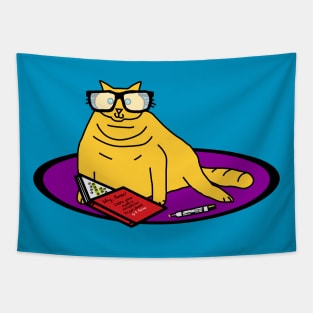 Funny Yellow Chonk Cat Wearing Glasses Reads Book Tapestry