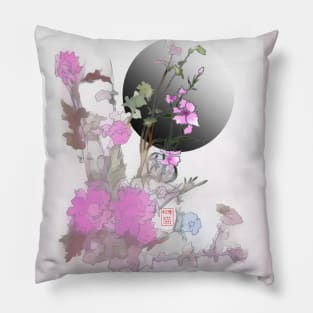 watercolor and sumiE ink flowers with a dark moon Pillow