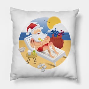 Tropical Santa Claus drinking a cocktail on the beach Pillow