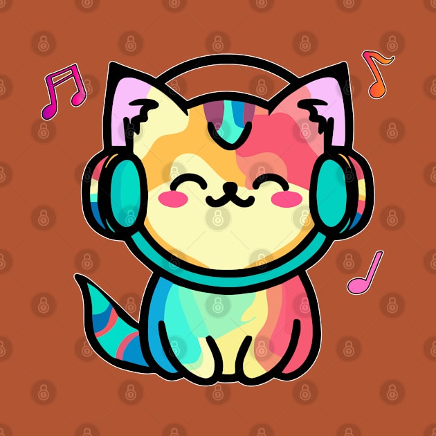 Happy smiling baby pussy cat with headphones. Kawaii cartoon by SPJE Illustration Photography