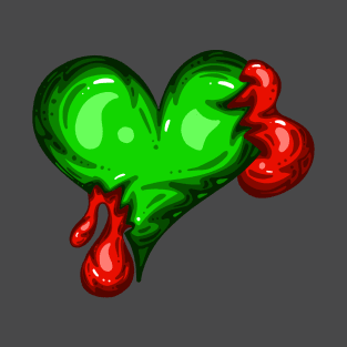 Green Dead Zombie Heart Cartoon Illustration with Blood and for Valentines Day or Halloween T-Shirt