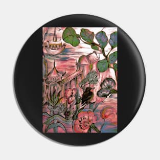 PINK ORIENTAL  ASIAN ART POSTER FLORAL BIRD PAGODA DECO DESIGN PRINT Pin