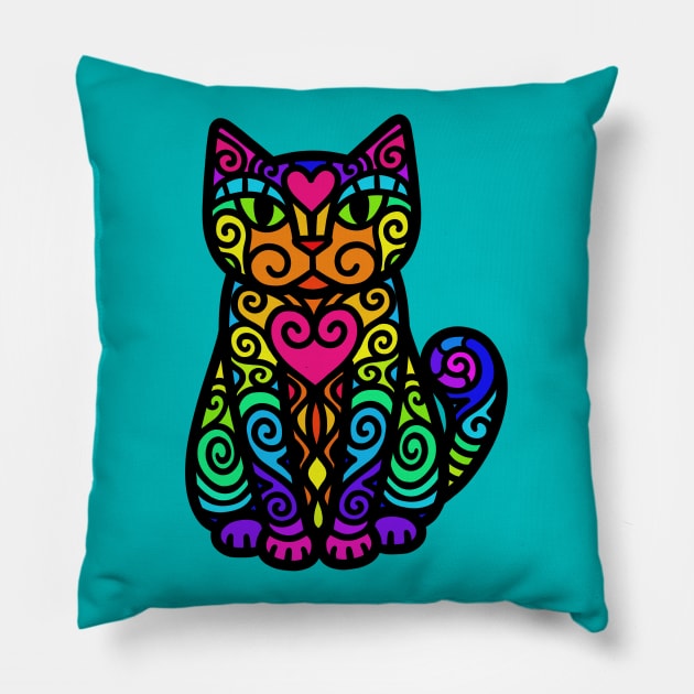 Rainbow Doodley DoodleCat Pillow by Doodlecats 