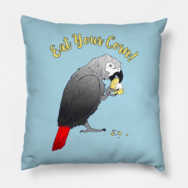 African Grey Parrot eating Corn Pillow by Einstein Parrot