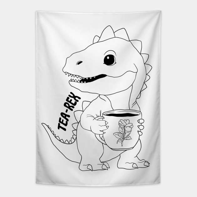 Tea Rex, T-Rex, Dinosaur, Black Line Drawing Tapestry by Velvet Earth