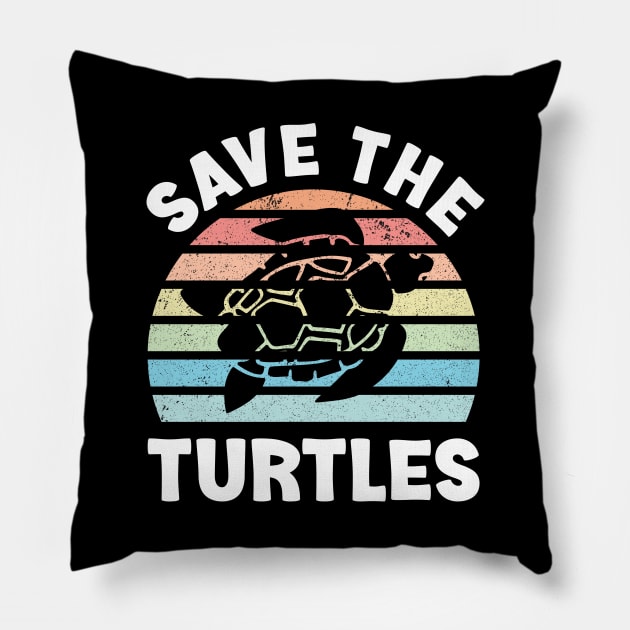 Save The Turtles Sea Turtle Retro Sunset Pillow by Whimsical Frank