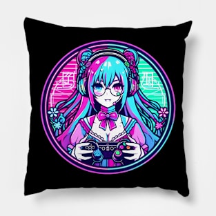 Neon pink blue gamer girl Pillow