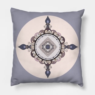 EARTHY GARDEN MANDALA, OCHRE, LAVENDER, GREY, LEAFY MANDALA DESIGN, MUTED COLOURS PETAL MANDALA PATTERN Pillow