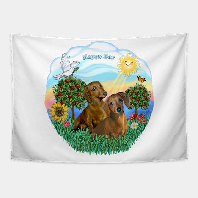 "Happy Day" with Two Brown Dachshunds Tapestry by Dogs Galore and More