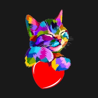 Smiling Colorful Cat Hug Heart Love T-Shirt