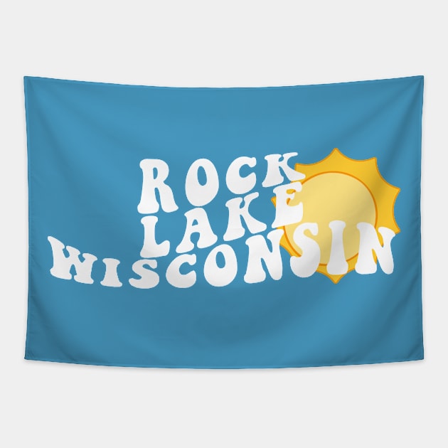 Sunshine in Rock Lake Wisconsin Retro Wavy 1970s Summer Text Tapestry by Go With Tammy