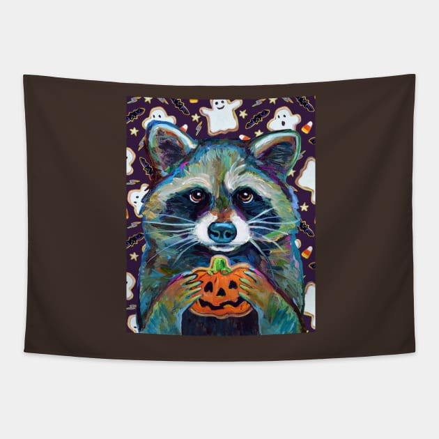 Halloween Raccoon with Jack O Lantern Cookie Tapestry by RobertPhelpsArt