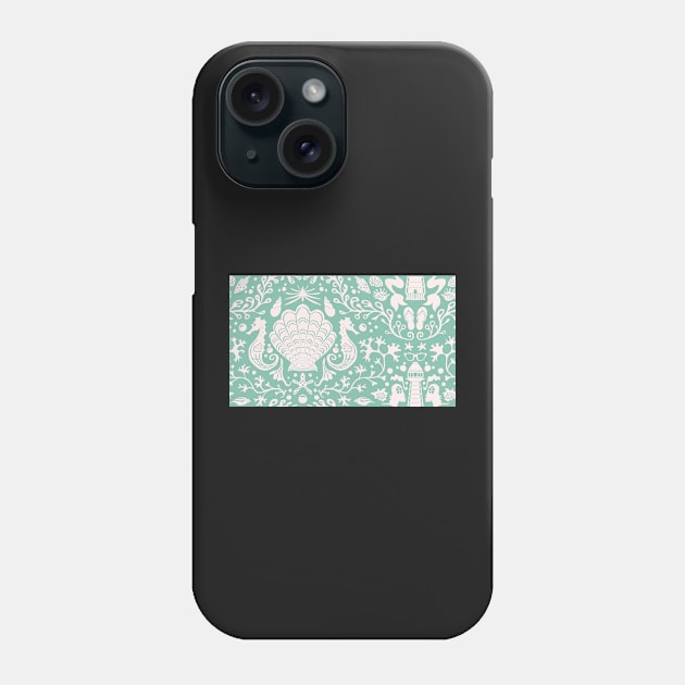 mint green summer beach damask pattern with blush pink seashells Phone Case by colorofmagic