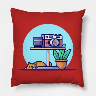 Camera And Lens On the Table With Cat Cartoon Vector Icon Illustration Pillow