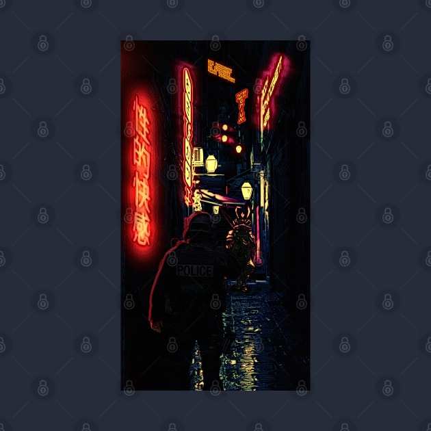 A cyberpunk city night alley. A policeman and a samurai.  Tension... Conflict cannot be avoided. by mr.Ruin