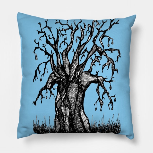 Blue Baobab Artistic Line Drawing Pillow by Tony Cisse Art Originals