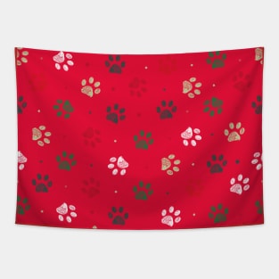 Red background colored paw print Tapestry