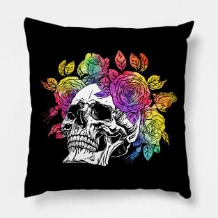 Skull with floral. Colorful Watercolor Roses wreath Pillow