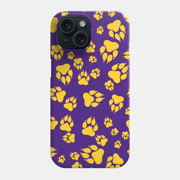 Tiger Paw Prints Pattern Gold on Purple Digital Design Phone Case by PurposelyDesigned