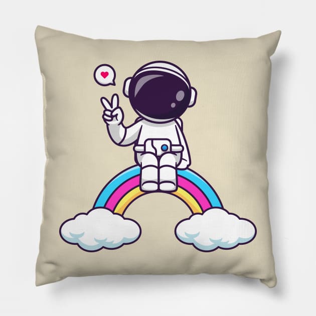 Cute Astronaut Sitiing On Rainbow With Peace Sign Cartoon Pillow by Catalyst Labs