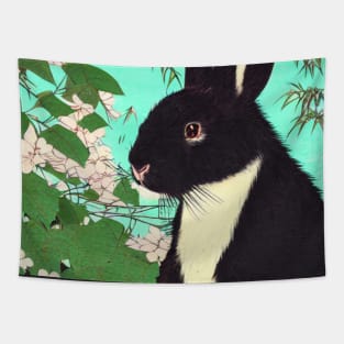 Cute Floral Black Fuzzy Lop Rabbit with Binkying Eyes Innocent Bunny Expression Emotional Animal Tapestry