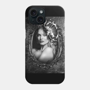 Black and white beautiful girl portrait gray flower dark lips digital artwork Phone Case