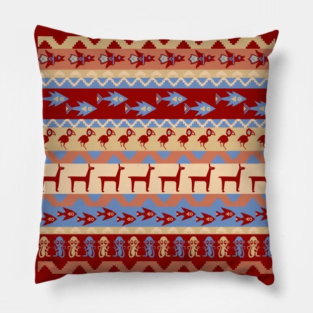 Inca Animals Blanket Birds Fish Llamas Monkeys Pattern Pillow by oknoki