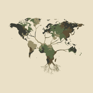 World Map Tree | Africa Map Root | Earth Day | Camo Pattern T-Shirt