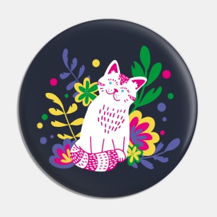 Cute White Cat in Flowers Pin