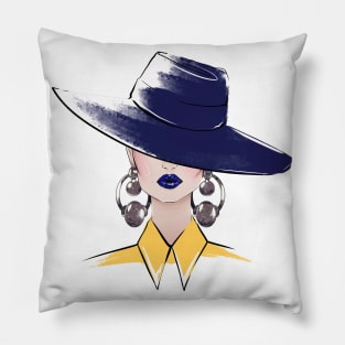 Woman in a blue hat covering her eyes with big earrings and blue lips Pillow