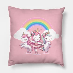 Cute Ballerina Unicorns Dancing Under A Rainbow Pillow