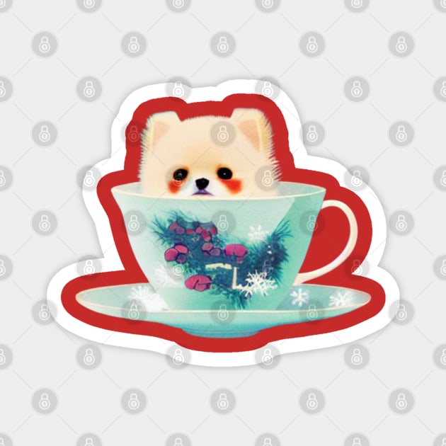 Adorable Teacup Pomeranian Dog White Pomeranian Puppy in Teacup Magnet by Mochabonk