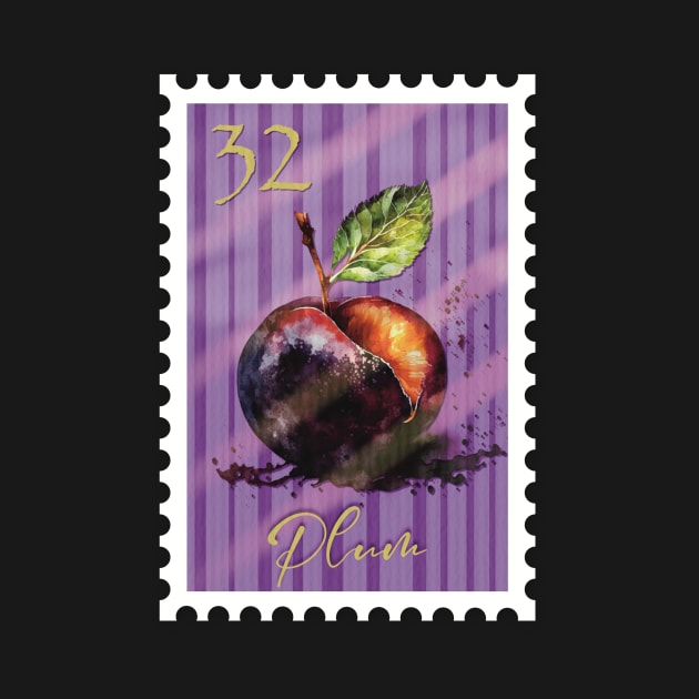 Vintage postage stamp plum watercolor design stamp collector by Dezinesbyem Designs