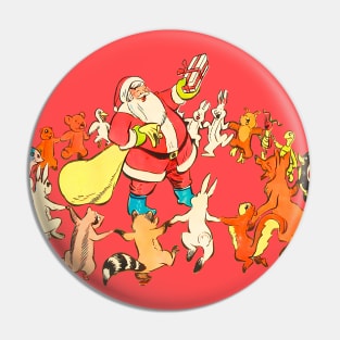 Forest Animals Happy for the arrival of Santa Claus with Christmas Gifts Retro Vintage Comic Book Pin