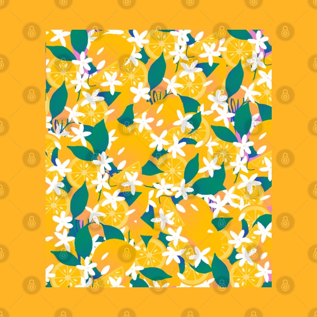 Lemons with lemon flowers and green leaves pattern by iulistration