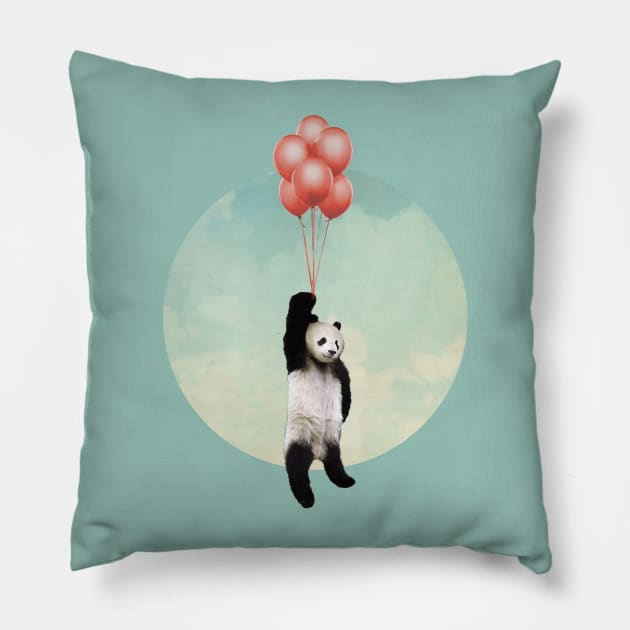 Pandaloons - Panda Bear floating with red balloons Pillow by Vin Zzep