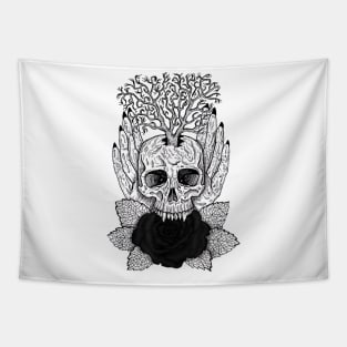 Vampire Skull Biting Black Rose - Alt Clothing Aesthetic Goth Tapestry