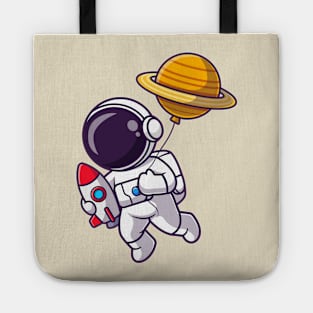 Cute Astronaut Holding Rocket With Planet Balloon Cartoon Tote