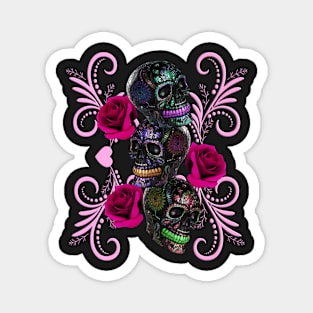 Triple Black Day Of The Dead Skulls Pink Roses Magnet