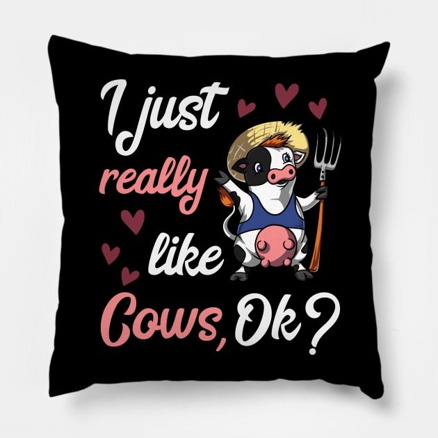 I Just Really Like Cows Funny Farm Animal Pillow by underheaven