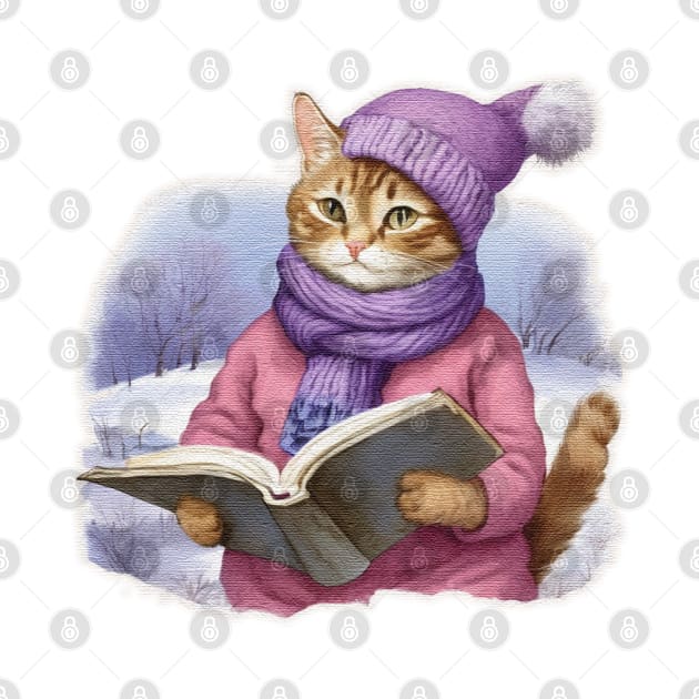Adorable Cute Cat Read A Book wearing a  purple hat and scarf by JnS Merch Store