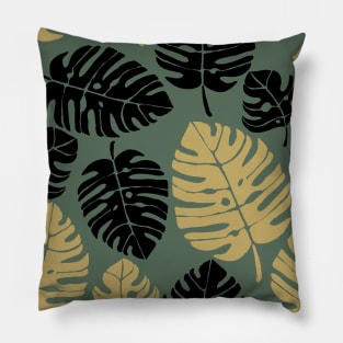 Exotic Monstera Leaf Gold Black Pillow