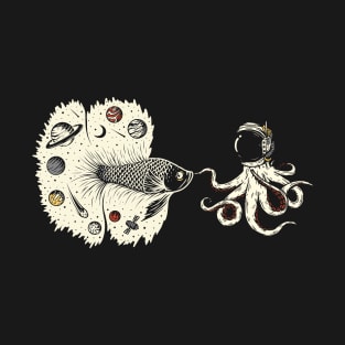 Octopus meets cosmos fighting fish in space T-Shirt