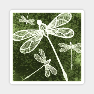 Magical white dragonflies on grunge green background Magnet