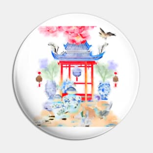Pagoda and butterfly watercolor painting Pin