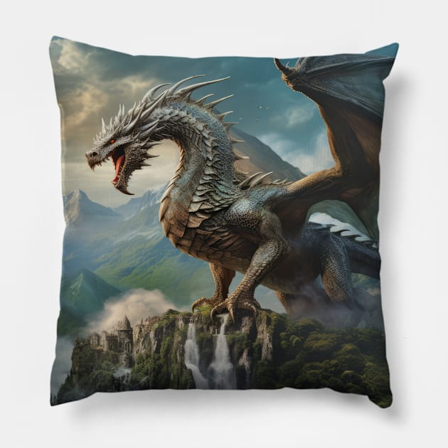 Dragon Animal Creature Fantasy Colorful Realistic Illustration Pillow by Cubebox