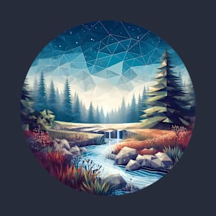 Low Poly Night Forest with River T-Shirt