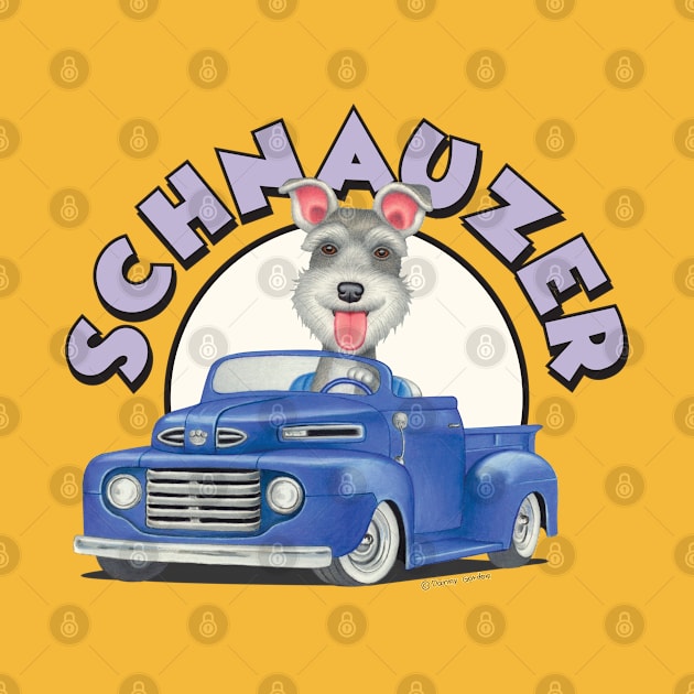 Cute Schnauzer mini puppy retro ready to ride in Classic Blue Truck by Danny Gordon Art